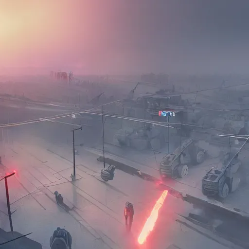 Prompt: Battle of Warsaw 2045, explosions, by Simon Stalenhag, 35mm film photography, eerie fog, imax film quality, octane render 8k trending on Artstation