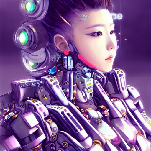 Image similar to a highly detailed portrait of a kpop idol mecha lady in spiked cyberpunk bioarmor trending on artstation by yoshitake amano