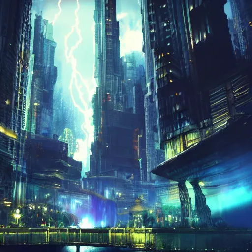 Prompt: a fantasy city with waterfalls gothic cyberpunk, cinematic lightning, clouds epic ultrawide