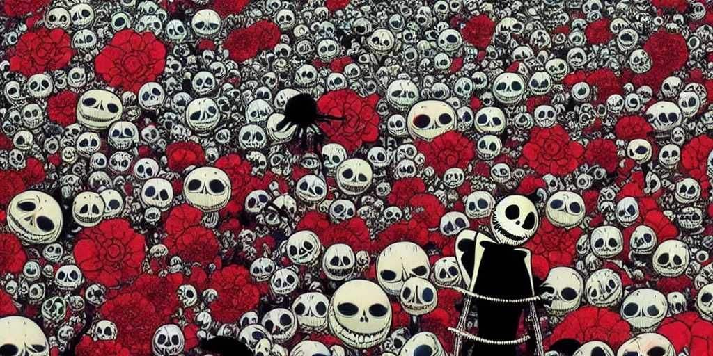 Image similar to nightmare before christmas movie still frame by yuko shimizu by takashi murakami, 😃💀 flowers 😃 garden by beksinski by wayne barlowe