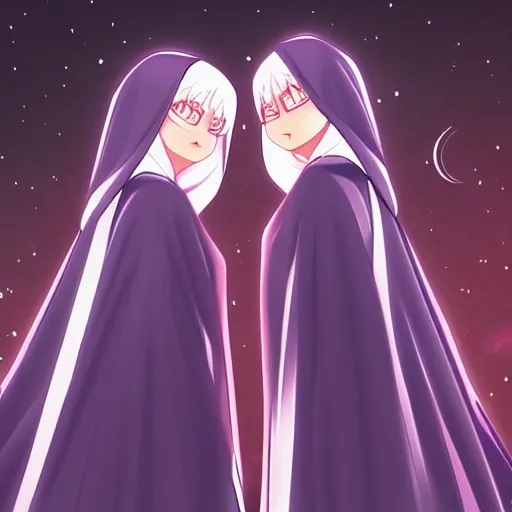 Image similar to two identical female nuns outside at night, viewed from above, clean detailed anime art