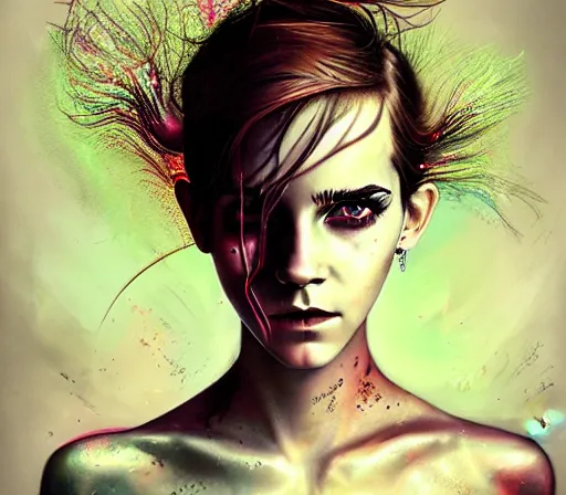 Image similar to a Demon Slayer portrait of Emma Watson , tall, pale-skinned, and slender woman with lime green eyes and long eyelashes by Stanely Artgerm,Tom Bagshaw,arthur adams,Carne Griffiths,trending on DeviantArt,street art,face enhance,chillwave,maximalist,full of color,glittering