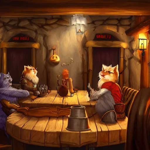 Image similar to cool cat people talking inside a tavern, fantasy art, cozy, dnd, digital art, 4 k