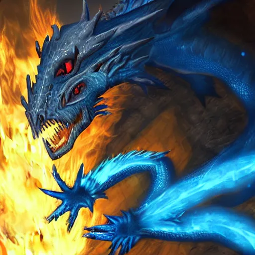 Prompt: a blue dragonborn with half of his face flaming with blue flame standing in a big cave, digital art