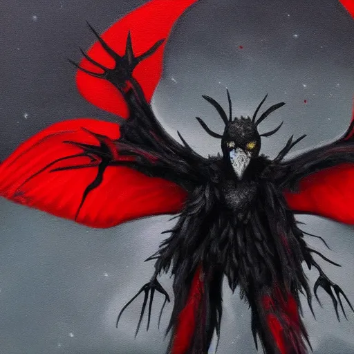 Prompt: Mothman hyperrealistic detailed oil painting black white and red blood moon in the back