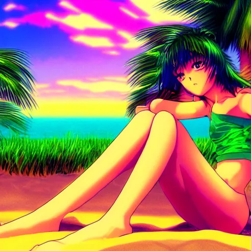 Image similar to girl laying in the sand next to ocean in sunset, sprite, vaporwave nostalgia, visual novel cg, 8 0 s anime vibe, kimagure orange road, yu - no, initial d, drawn by by commodore 6 4, wallpaper, ultra hd, vlc screenshot