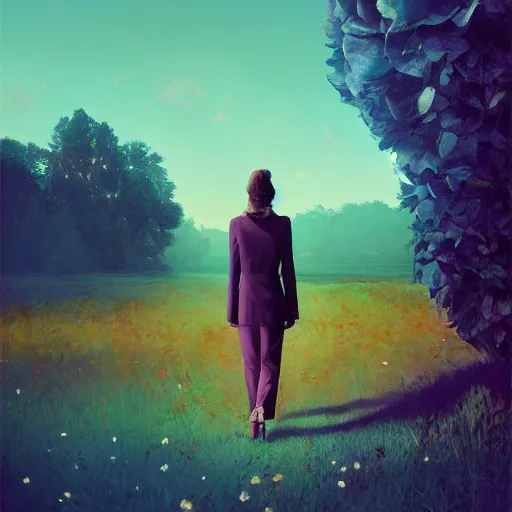 Image similar to portrait, giant rose flower head, girl walking in a suit, surreal photography, sunrise, blue sky, dramatic light, impressionist painting, digital painting, artstation, simon stalenhag