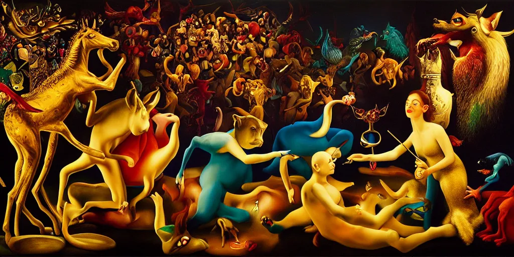 Image similar to the three imaginary fates pleasure dream adventure imaginary mythical animals love abstract oil painting by gottfried helnwein pablo amaringo raqib shaw zeiss lens sharp focus high contrast chiaroscuro gold complex intricate bejeweled