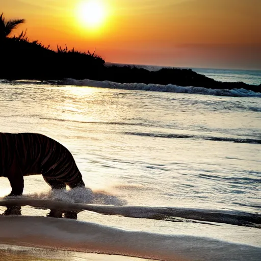 Image similar to a closeup photorealistic photograph of a cute tiger hippo playing volleyball at the beach during sunset. Surf in the background. This 4K HD image is Trending on Artstation, featured on Behance, well-rendered, extra crisp, features intricate detail and the style of Unreal Engine.