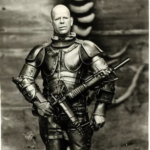 Prompt: old black and white photo, 1 9 1 3, depicting bruce willis in combat armor with guns, historical record, tentacles around