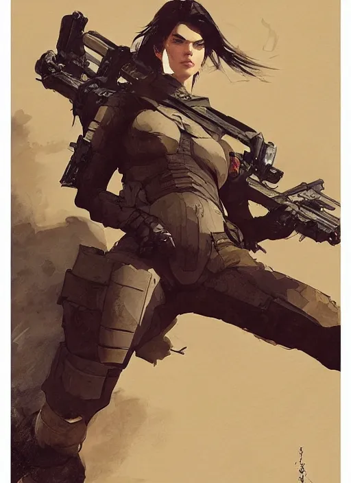 Prompt: kendall jenner wearing metal gear armor holding gun dramatic lighting art by Richard Schmid by Hokusai by greg rutkowski by trevor henderson by ross draws cinematic dramatic