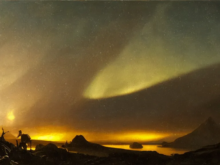 Image similar to an oil painting of a tundra on an alien planet at dusk with aurora lighting up the sky by carl spitzweg and tuomas korpi. baroque elements, full-length view. baroque element. intricate artwork by caravaggio. Trending on artstation. 8k