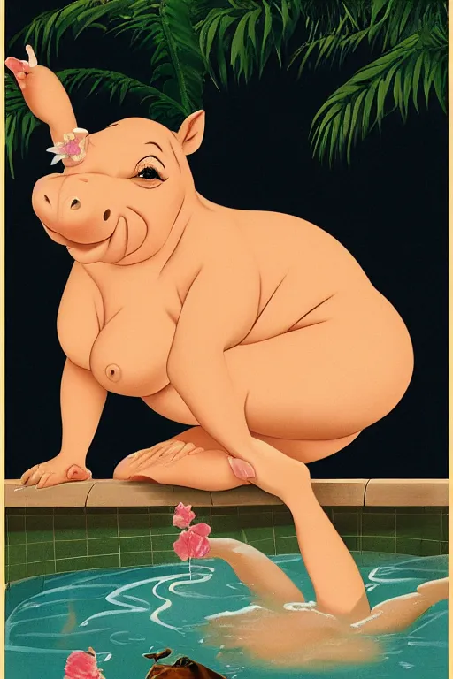 Image similar to a seductive hippo in a hot tub in the style of Gil Elvgren and Alberto Vargas