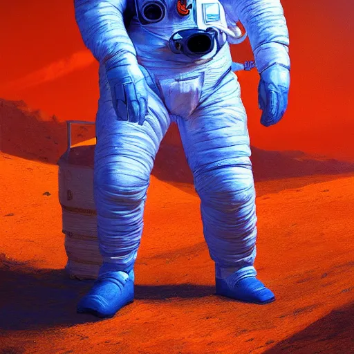 Prompt: blue helmet astronaut on a enormous orange, artstation, ultra realistic, by raphael lacoste and danny villneuve