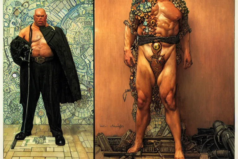 Prompt: full length portrait of morgan aste as marvel kingpin by lawrence alma tadema and zdzislaw beksinski and norman rockwell and jack kirby and tom lovell and greg staples