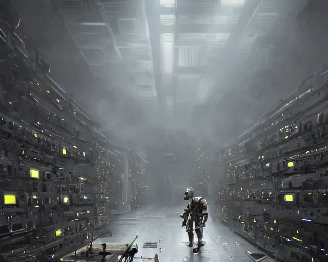 Image similar to gloomy colossal ruined server room in datacenter robot figure automata headless robot knight welder posing pacing fixing soldering mono sharp focus, emitting diodes, smoke, artillery, sparks, racks, system unit, motherboard, by pascal blanche rutkowski artstation hyperrealism painting concept art of detailed character design matte painting, 4 k resolution blade runner