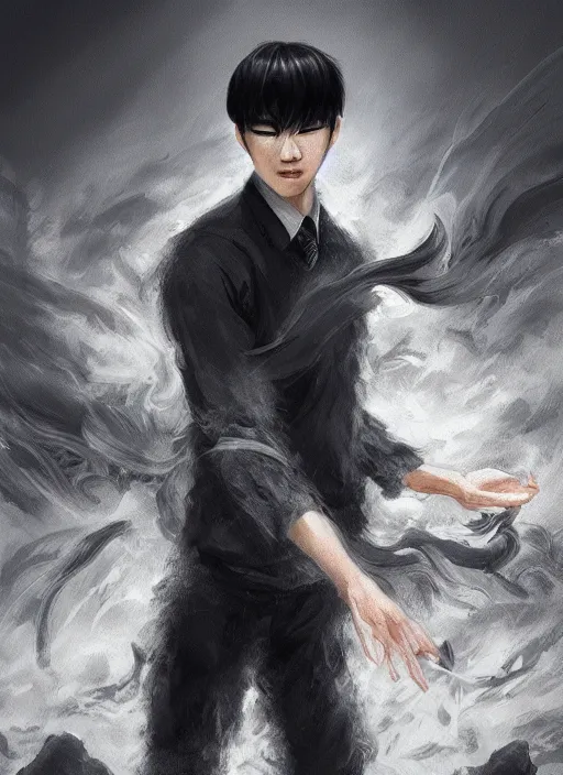 Image similar to a highly detailed illustration of attractive korean man with bowl cut black hair wearing shirt and tie with giant black mist claws, wielding giant black mist claws pose, tired expression, foggy black mist surrounding background, intricate, elegant, highly detailed, centered, digital painting, artstation, concept art, smooth, sharp focus, league of legends concept art, wlop.