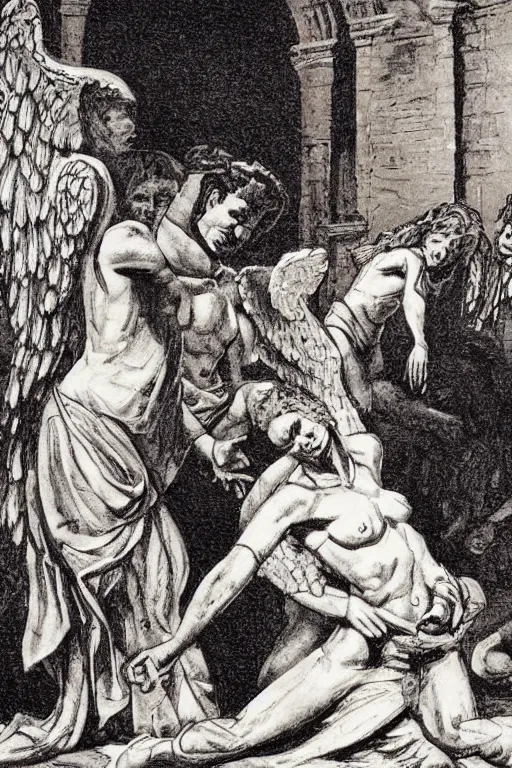 Prompt: angel enslaved by humans in the slave market, art by simone geraci