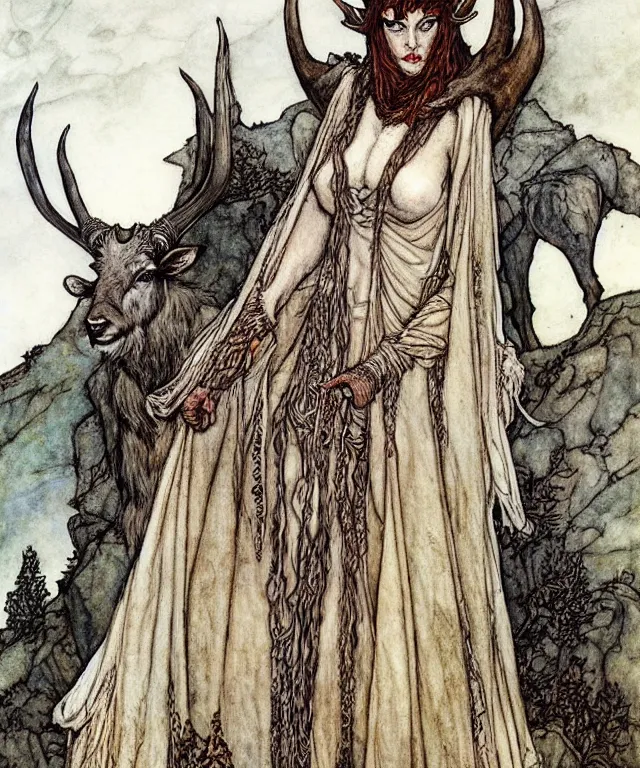 Prompt: by Rebecca Guay. A detailed horned antelopewoman stands among the mountains. Wearing a ripped mantle, robe. Perfect faces, extremely high details, realistic, fantasy art, solo, masterpiece, art by Arthur Rackham