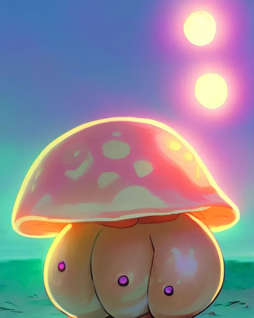 Image similar to concept art for a cute thicc humanoid mushroom creature, anime style, golden hour, lens flare, pastel pink glow, sitting on the beach | | epic - fine - clean, polished, trending on artstation, brush strokes