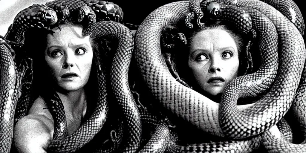 Image similar to medusa, with small snakes for hair, still from the movie the thing ( 1 9 8 1 )