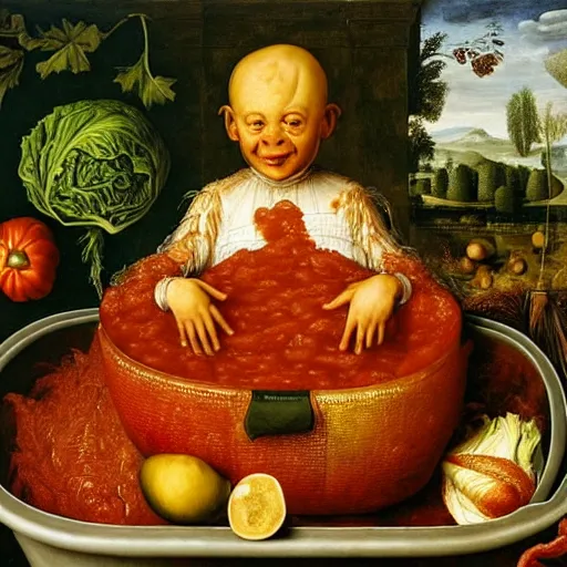 Prompt: a boy sitting in a tub full of tomato sauce, the boy is very happy, a lot of cabbage, by giuseppe arcimboldo and ambrosius benson, renaissance, fruit, intricate and intense oil paint, realistic