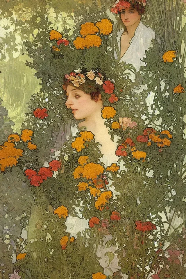 Prompt: atmospheric fresco texture painting of a garden full of ferns, marigold flowers by alphonse mucha