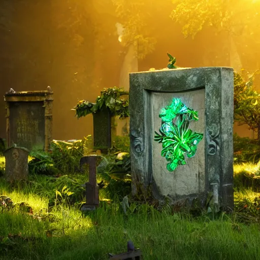 Image similar to side view of a beautiful abandoned tombstone with an embedded emerald, overgrown foliage with flowers taking over it, close - up, 3 5 mm, biopunk, bokeh, beautiful, lens flare, emotional, detailed, picture, trending on artstation, award - winning, shiny, golden, angle view, octane render