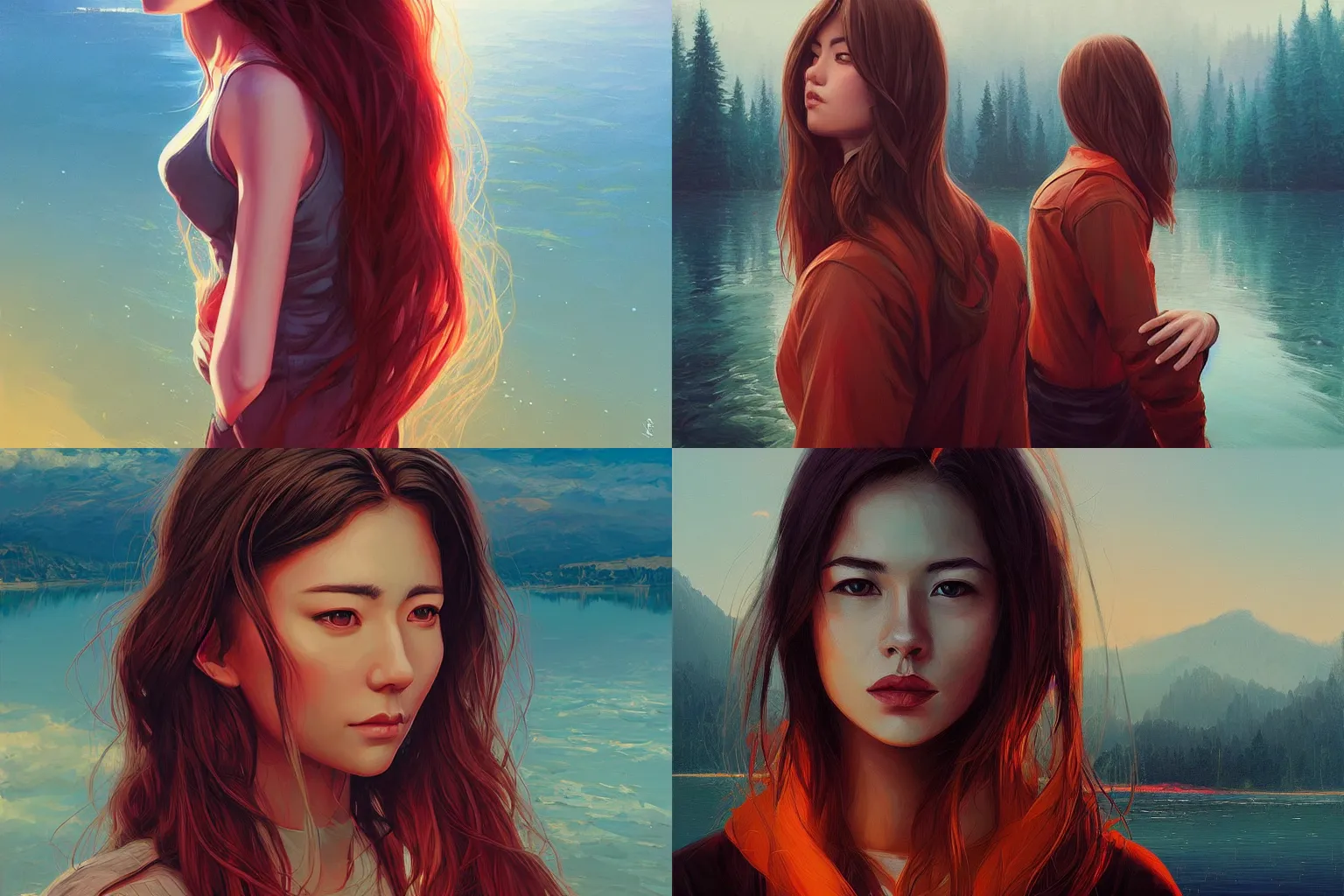 Prompt: portrait of a woman drawn by artgerm, wide shot, standing next to a lake by alena aenami, digital artwork by karol bak and rhads, jason chan