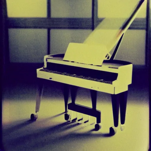 Image similar to a Polaroid photo of a transparent perspex piano, beams of light, nostalgic