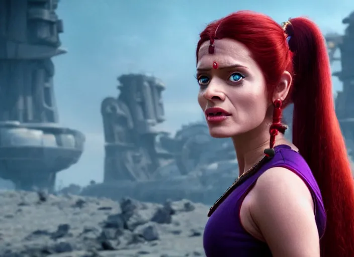 Image similar to film still of leela with a ponytail in the new scifi movie, 4 k