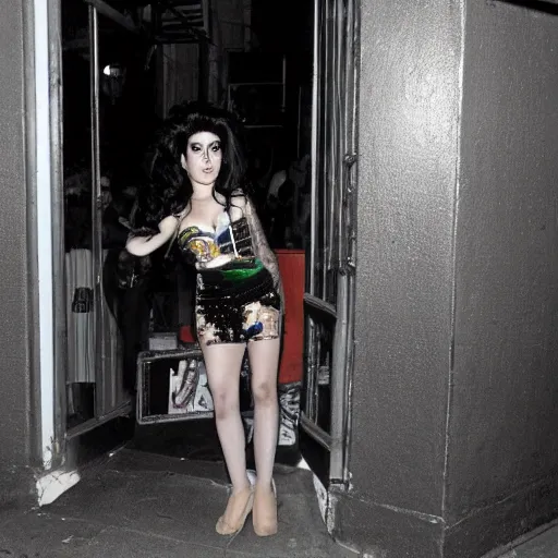 Prompt: amy winehouse in front of club 2 7 at night,