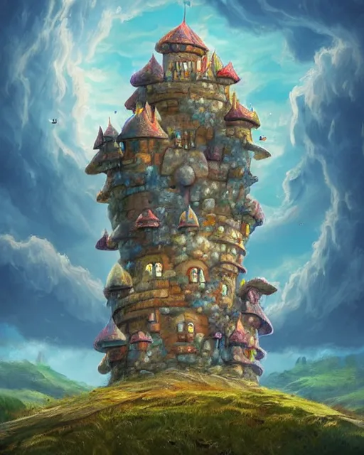 Image similar to flying cloud castle, mushroom buildings, illustration, bright, blue sky, mountains, colorful, cinematic lighting, fantasy, high detail, masterpiece, artstation, 4 k, art by wylie beckert