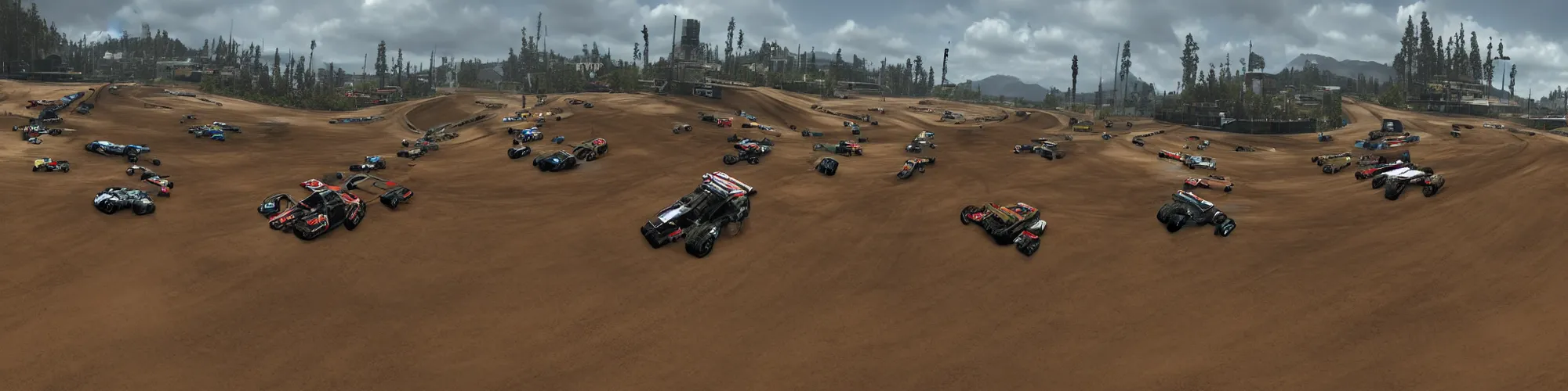 Image similar to panorama view of a race track in Motorstorm game, no vehicles, 360*