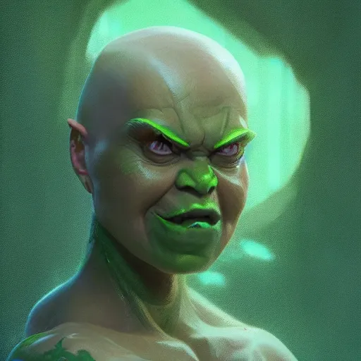 Image similar to character portrait of a green orc female, light green tone beautiful face, bald with pony tail by greg rutkowski, trending on artstation
