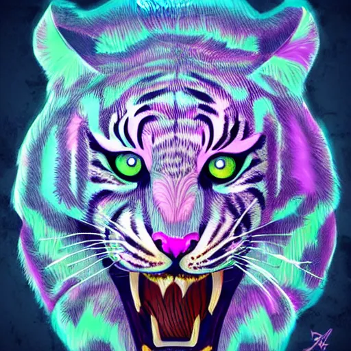 Prompt: tiger in attack mode, d & d style, trending on artstation, colorful, intricate, art by aurore folny