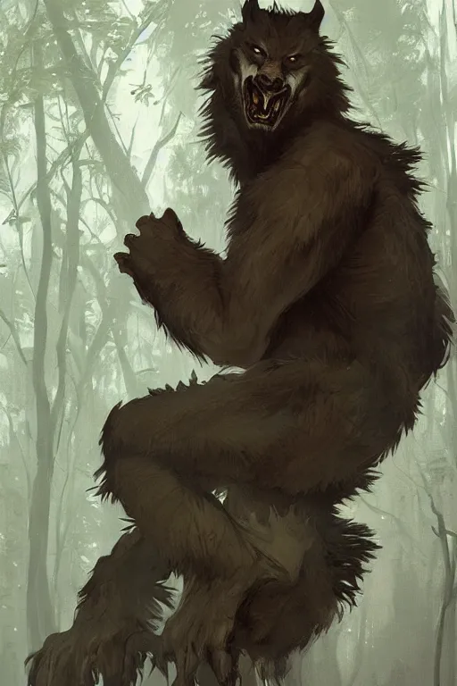Image similar to fullbody portrait of a male werewolf, bared teeth, long claws, by greg rutkowski and alphonse mucha, gradient brown to silver, in front of a forest at night background, highly detailed, digital painting, artstation, concept art, smooth, sharp focus illustration