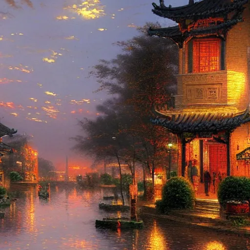 Prompt: Yuanmingyuan at dusk, Thomas Kinkade