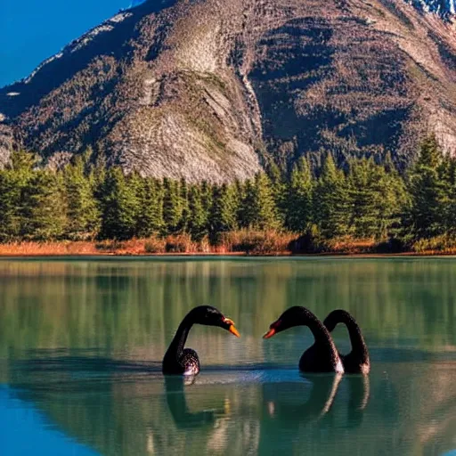 Image similar to photo of two black swans touching heads making a heart with their necks, in a beautiful reflective mountain lake, a colorful hot air balloon is reflecting off the water