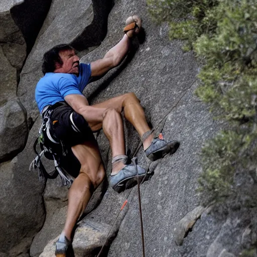 Image similar to sylvester stallone climbing a difficult rock climbing mountain