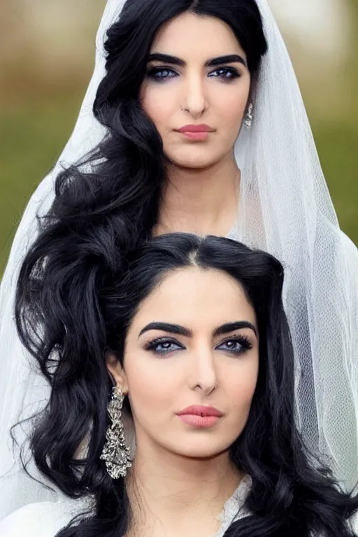 Prompt: Ameera al-Taweel, blue eyes, long wavy black hair, white veil, closeup, focus face