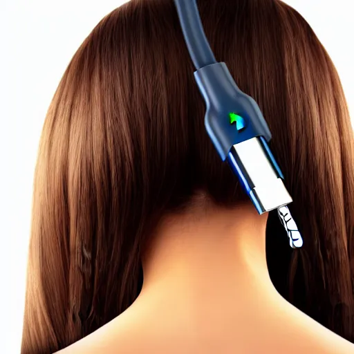 Image similar to usb cable plugged in, back of head, woman, computer, hair clip