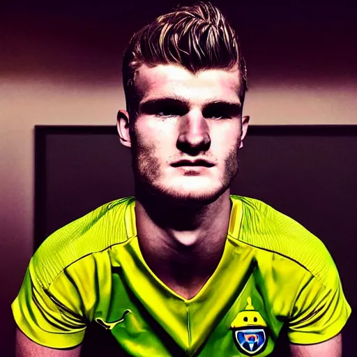 Image similar to a realistic detailed photo of a guy who is an attractive humanoid who is half robot and half humanoid, who is a male android, soccer player timo werner, shiny skin, posing like a statue, blank stare, in a living room, on display, showing off his muscles