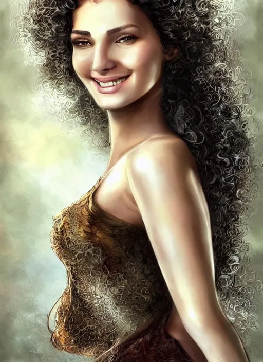 Image similar to beautiful female angel, brunette with big smile and curly hairstyle, looks like Ebru Şahin, Reyyan, looks like Fabiula Nascimento, looks like Laura Barriales, D&D, fantasy, intricate, elegant, highly detailed, digital painting, artstation, concept art, character design, smooth, sharp focus, illustration, art by artgerm and greg rutkowski and alphonse mucha