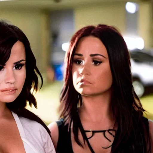 Image similar to close-up of Demi Lovato as Piper Halliwell and Selena Gomez as Phoebe Halliwell and Ariana Grande as Prue Halliwell in a Charmed movie directed by Christopher Nolan, movie still frame, promotional image, imax 35 mm footage