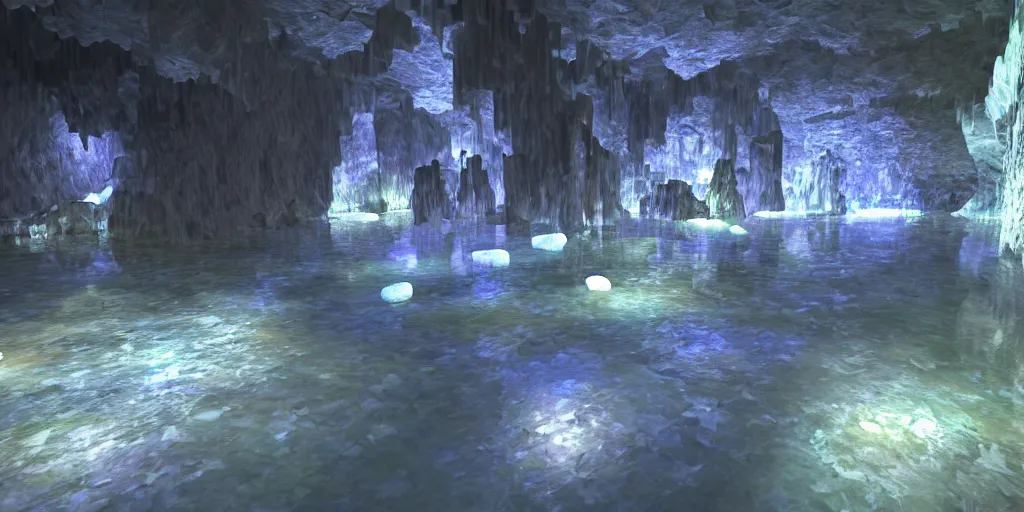 Image similar to cavern underground, crystal, vivid, water, puddles, rocky, minerals, volumetric lighting