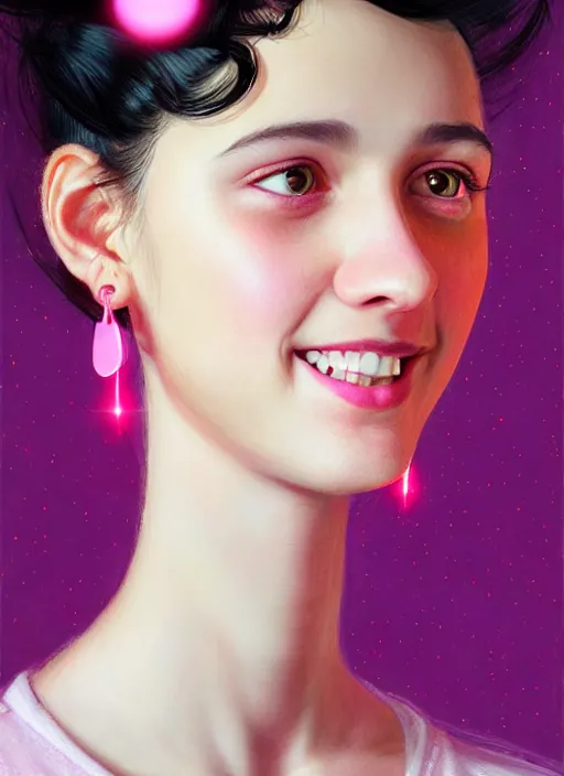 Image similar to portrait of teenage girl, realistic, black hair, bangs, half updo hairstyle, pointy nose, skinny, smile, ugly, defined jawline, big chin, pink hair bow, earrings, intricate, elegant, glowing lights, highly detailed, digital painting, artstation, sharp focus, illustration, art by wlop, mars ravelo and greg rutkowski