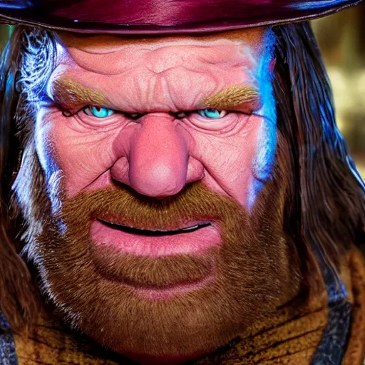 Image similar to portrait of hacksaw jim duggan as willy wonka in morrowind, fantasy, warcraft, warhammer, splash art, movie still, detailed face, photorealistic facial features, cinematic lighting, dramatic, octane render, long lens, shallow depth of field, bokeh, anamorphic lens flare, 8 k, hyper detailed, 3 5 mm film grain