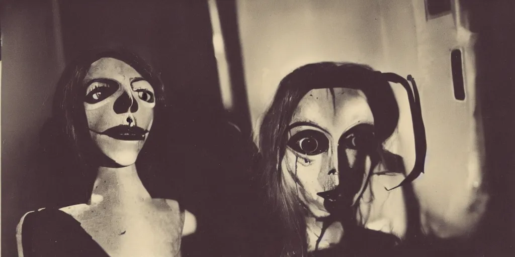 Image similar to 1 9 7 0 s female alive, eerie, creepy masked marionette puppet, lana del rey, unnerving, clockwork horror, pediophobia, lost photograph, dark, forgotten, final photo found before disaster, realistic, vintage noir, polaroid,