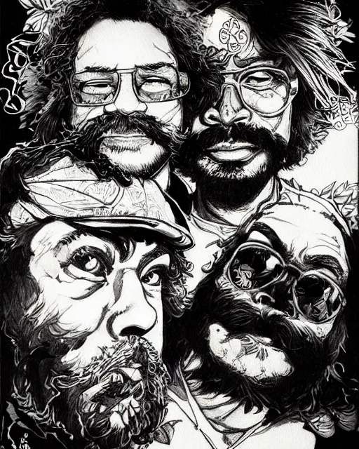 Image similar to portrait of cheech and chong, concept art, sumi - e style, intricate linework, artstation, trending, highly detailed, smooth, focus, art by yoji shinkawa,